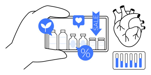 Hand holding smartphone displaying wellness products, plant icon, heart shape, percentage sign, and sale tag. Ideal for health, e-commerce, fitness, technology lifestyle discounts simple landing