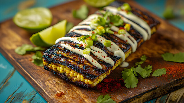 Grilled com on the cob, Mexican elote, creamy white sauce drizzle, chili powder sprinkle, fresh cilantro garnish, lime wedges, vibrant yellow kernels, charred edges, rustic wooden board, bright blue b