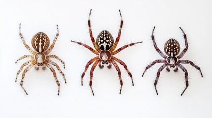 Three spiders of varying colors, displayed in a row against a plain white backdrop.  Detailed close-up view showcases their intricate patterns