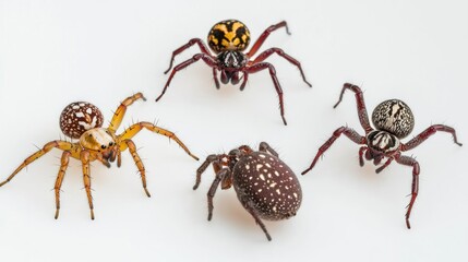 Four spiders, various colors and patterns, arranged in a circle
