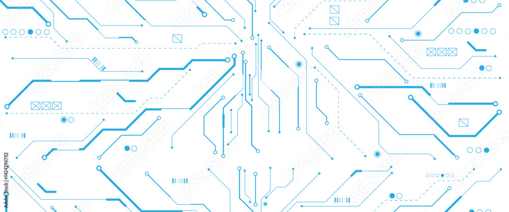 Poster Vectors White and blue Abstract geometric dots and lines connection circuit concept. Hi tech digital connect, communication, High technology concept.