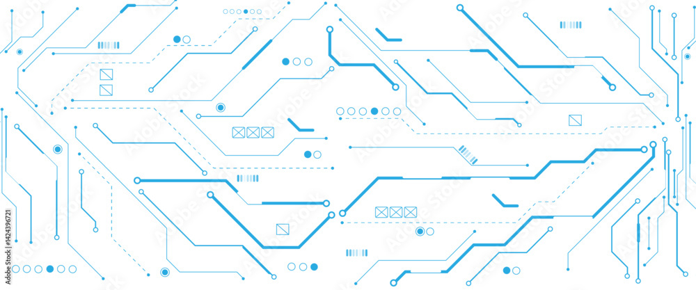 Poster Vectors White and blue Abstract geometric dots and lines connection circuit concept. Hi tech digital connect, communication, High technology concept.