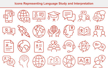 Language Translation Outline Icons Set, Global Communication Symbols, Learning Chinese, Red Line