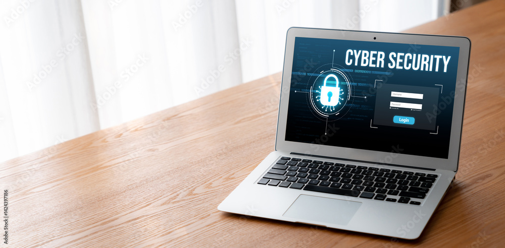 Poster cyber security system on computer screen protect private information snugly from hacker and cyber at