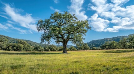 Majestic oak in sunny meadow landscape