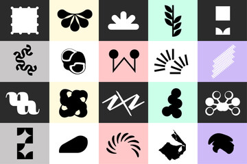 Pack of postmodern geometric abstract Y2k shapes in brutalism aesthetics form. Trendy color retro futuristic elements and mosaic of brutal figures. Vector modernist ornament illustration