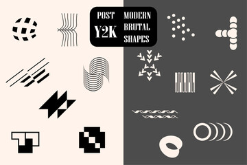 Abstract graphic brutalism postmodern vector assets set. Retro futuristic background with elements. Bold modern shapes for design template, poster, stickers, banner in Y2k style