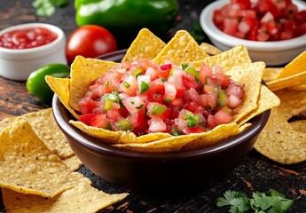Serrano's Rothko-esque still life: a bowl of tomato sauce surrounded by tortilla chips, with lime and peppers on the side, in a close-up shot with studio lighting,