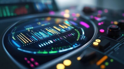 Close-up of a futuristic audio interface with vibrant visual indicators.