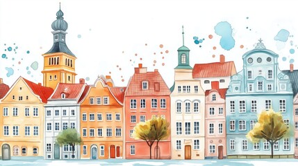 Riga Old Town. Riga Old Town hand drawn watercolor illustration