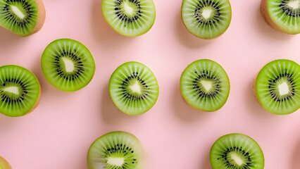 Fototapeta premium Whole and sliced kiwis arranged on a pastel pink background