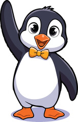 Cartoon Penguin Waving Hello with Bow Tie - Vector Illustration