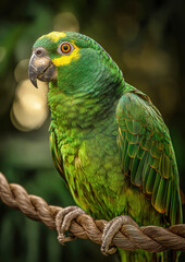 Obraz premium Vibrant green parrot perched on rope with blurred forest background