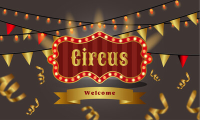 Circus poster on stage with flags, lights in gold decoration