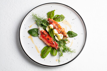 Appetizer with Kamchatka Crab, Quail Eggs, and Pea Sprouts. Low Fat Food Concept. Handmade Photo, Not AI