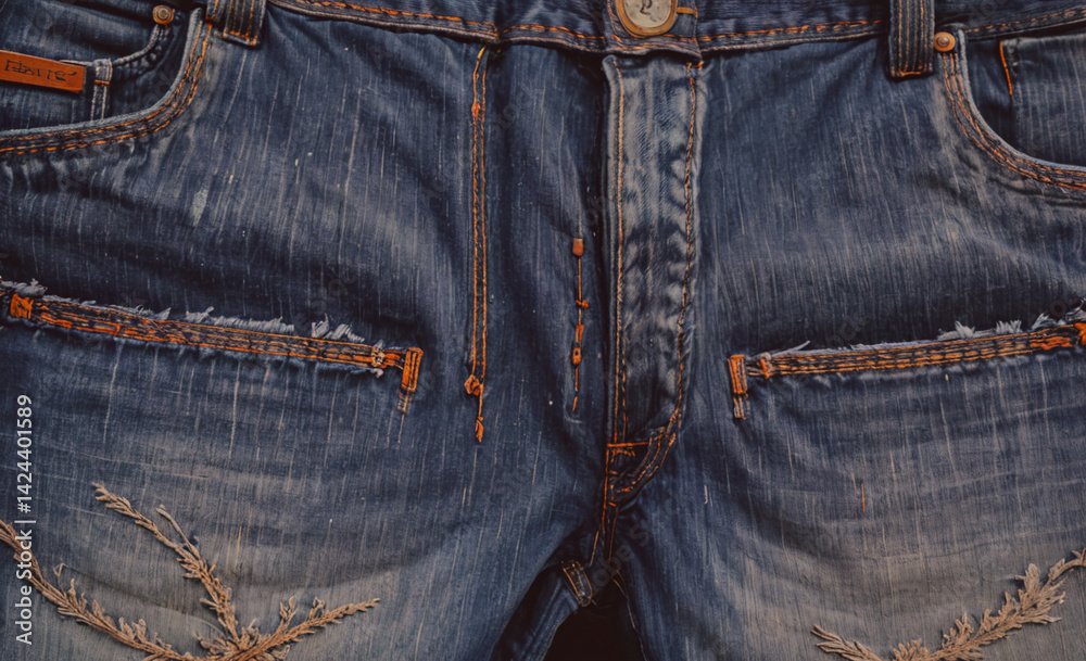 Poster pair of jeans with frayed edges and a button on the side. the jeans are blue and have a worn look to