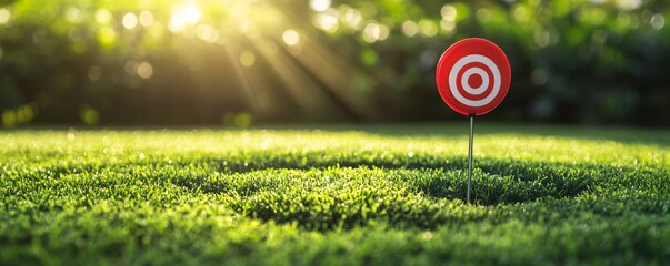 Red target standing on green grass under sunlight