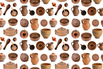 Various clay dishes from different angles isolated on white. Seamless pattern.