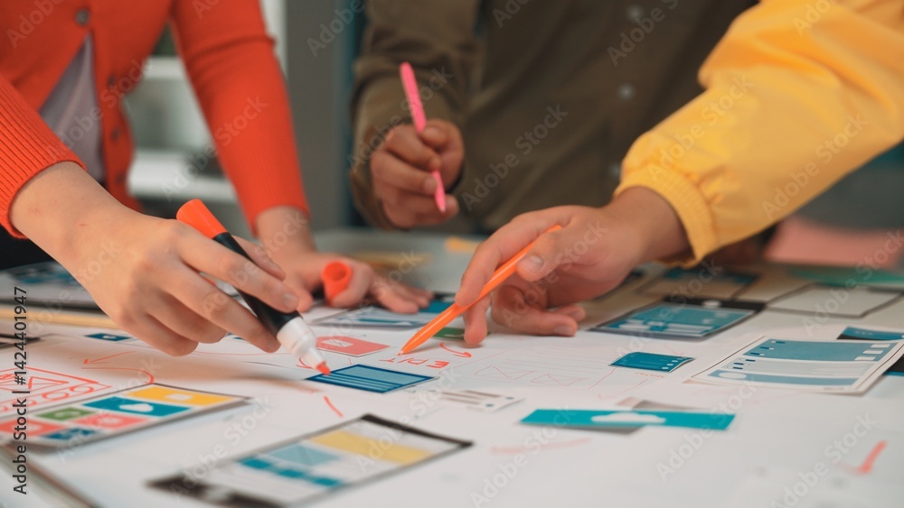 Poster collaborative brainstorming session with diverse individuals creating digital mockups and sketches o
