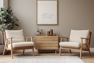 A neutral living room featuring two armchairs a wooden cabinet and a blank picture frame on the wall space