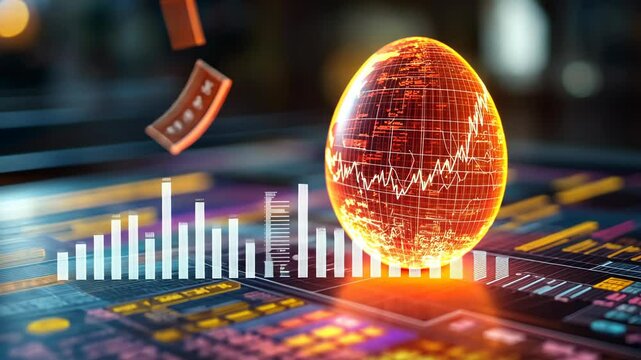 Glowing digital egg with stock chart lines floats above a futuristic financial interface.


