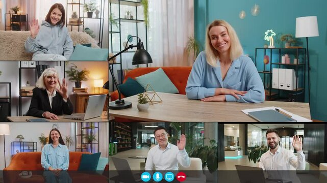 Collage of happy smiling people men women diverse gender different ages waving hands friendly gesturing invitation hello hi welcoming hospitable expression. Conversation meeting application online POV