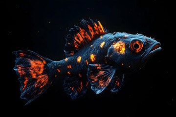Intensely patterned, fiery fish against a dark background.