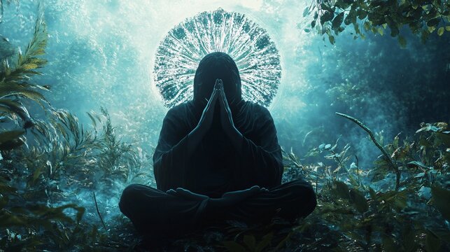 Mysterious hooded figure meditating in magical forest with glowing portal