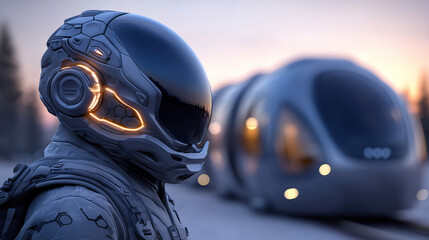 Fototapeta premium Futuristic traveler in advanced suit near sleek transport at dusk in a serene landscape