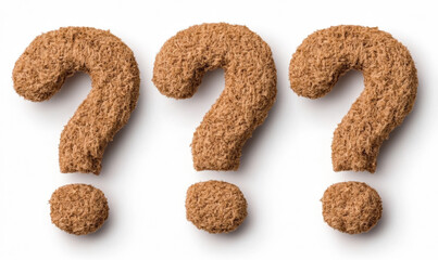 Three brown question marks made of natural materials for inquiries, confusion, curiosity, doubts, and creativity in a conceptual design for innovative thinking