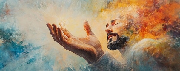 Man holding light in hands with eyes closed and abstract background