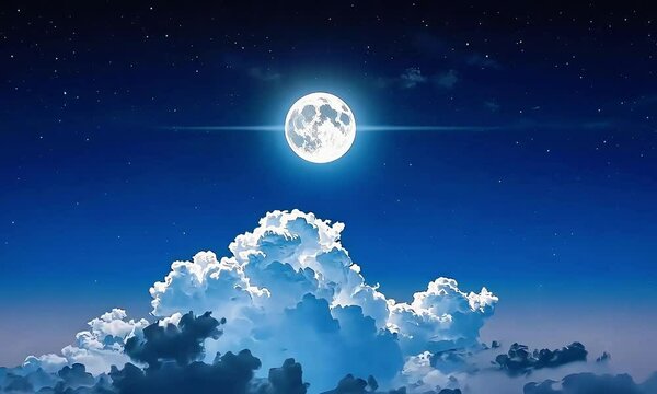 Snow-covered mountains rise beneath a full moon and clouds in the dark night sky