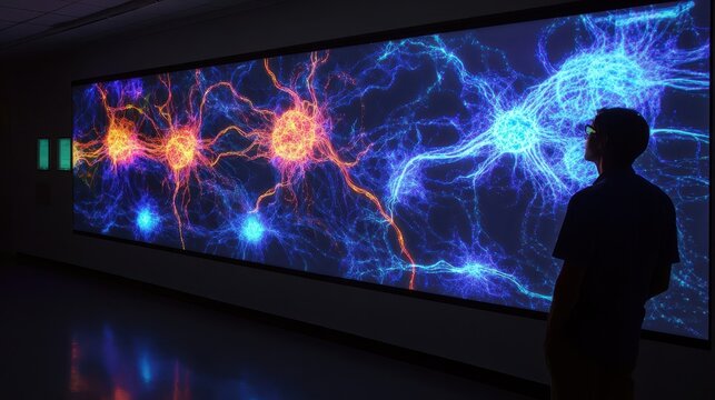 A large-scale projection of neural networks, captivating viewers.