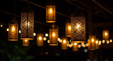 Illuminated lanterns hanging creating a warm and inviting atmosphere in the dark night setting