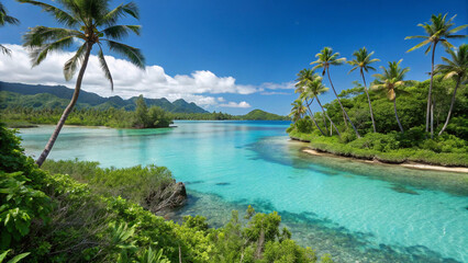 Tropical paradise Crystal clear water lush palms sunny skies