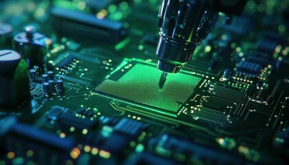 Fototapeta premium Precision Robotics: Automated System Inspecting and Repairing an Advanced Circuit Board