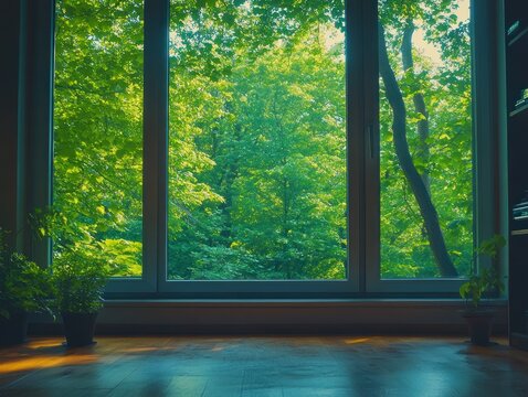 Fototapeta Window view of lush green trees, plants, wood floor inside