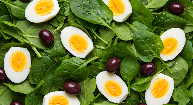 Nutritious Spinach Salad With Boiled Eggs And Kalamata Olives Overhead View - Powered by Adobe