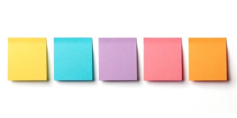 Five colorful sticky notes arranged in a row on a clean, minimalist white background