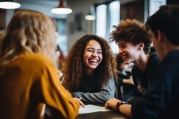smiling high school students talking in class in the USA