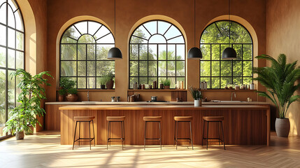 Sunlit Modern Rustic Kitchen with Wood Island and Arch Windows