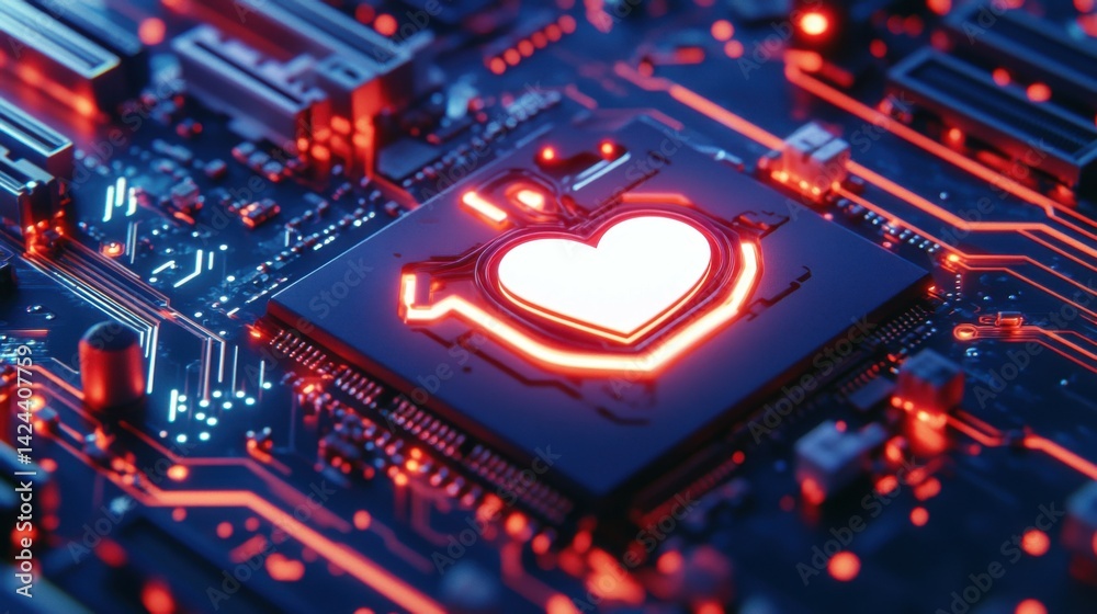 Poster social media technology concept with like symbol on a microchip. white neon data flows between the c