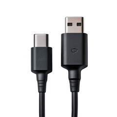 Black USB Cable with Type-C and Type-A Connectors for Charging and Data Transfer on transparent background