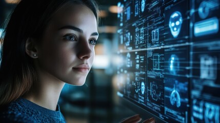 Obraz premium Cyber security, Data protection. Authentication by facial recognition. Biometric. Security system. Woman using computer, facial scanning to access personal data