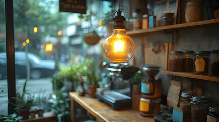 Warm-Lit Coffee Shop Interior with Hanging Edison Bulb