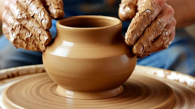 Hands sculpting clay pot on spinning wheel in artisan workshop