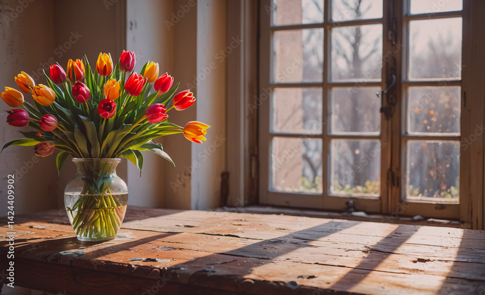 Poster vase of tulips sits on a wooden table in front of a window. the sunlight shines through the window, 