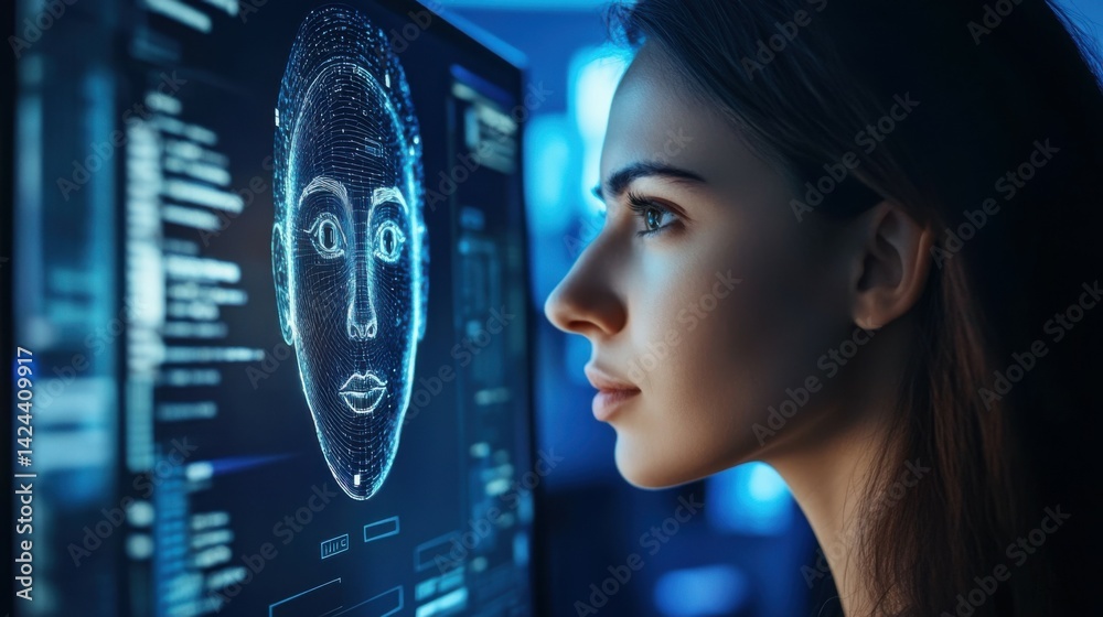 Poster cyber security, data protection. authentication by facial recognition. biometric. security system. w