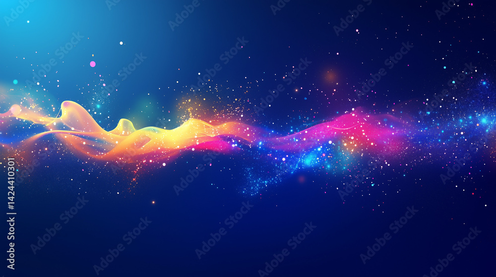 Poster Abstract dynamic scene with colorful soap bubbles bursting and floating on deep blue background, vibrant energy, high contrast, motion effect, glowing particles