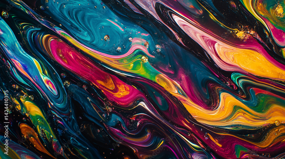 Poster Surreal macro shot of a soap bubble surface with rainbow oil patterns and abstract swirls — ideal for artistic, psychedelic, or experimental designs.